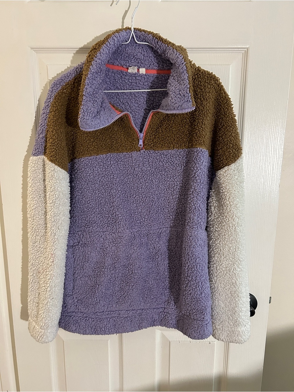 Cozy Fleeze Colorblock Sherpa Quarter-Zip Pullover - Lavender/Brown/Cream